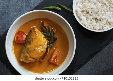 Salmon Fish Head Curry In Coconut Sauce Served With Boiled Rice, Top Down View