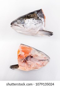 Salmon Fish Head, Cut Half, Flat Lay On White Background 