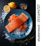 Salmon, fresh salmon fillet on black cutting board background