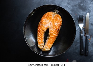 Salmon Fried Fish In A Plate Grilled Seafood Omega Vitamin Ready To Cook And Eat On The Table For Healthy Meal Snack Outdoor Top View Copy Space For Text Food Background Rustic Image Pescetarian Diet