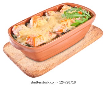 Salmon Gratin With Cheese Isolated On White