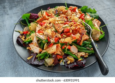 Salmon, Green Bean And Pink Grapefruit Salad With Balsamic Vinegar Drizzle And Pine Nuts