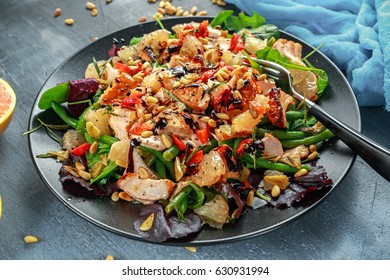 Salmon, Green Bean And Pink Grapefruit Salad With Balsamic Vinegar Drizzle And Pine Nuts