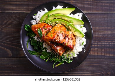 Salmon In Honey-soy Glaze With Rice, Spinach And Avocado. Overhead, Horizontal