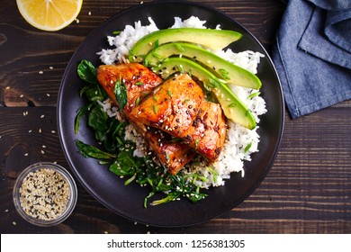 Salmon In Honey-soy Glaze With Rice, Spinach And Avocado. Overhead, Horizontal