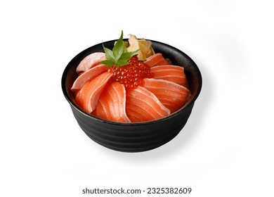 Salmon Ikura Donburi - Japanese cuisine,  Bowl of steamed rice topping with raw salmon served with wasabi and prickled ginger isolated on white background.
