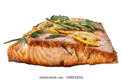 Salmon with lemon steak, decorated with rosemary. Macro, 45 side view.