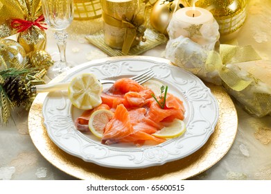 Salmon On Dish On Christmas Table