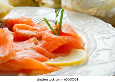 Salmon On Dish On Christmas Table