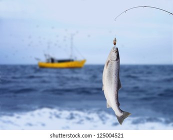  Salmon On Fishing-rod On Background Of Sea