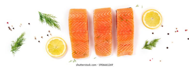 Salmon, Overhead Flat Lay Panorama On A White Background With Dill, Pepper, And Lemon