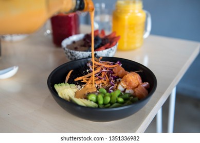 Salmon Poke Bowls With Edamame Beans, Pineapple And Coleslaw