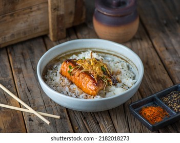SALMON RICE donburi served in a dish isolated on wooden background side view of japanese food