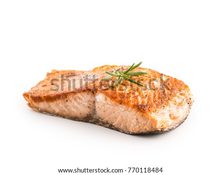 Salmon roast steak isolated on white background.