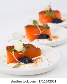 Salmon Canapés Served With Caviar And Foam.