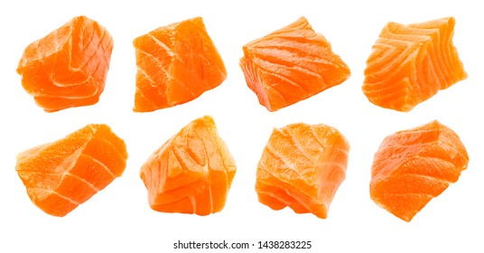 Salmon slices isolated on white background with clipping path, cubes of red fish, ingredient for sushi or salad, macro - Shutterstock ID 1438283225