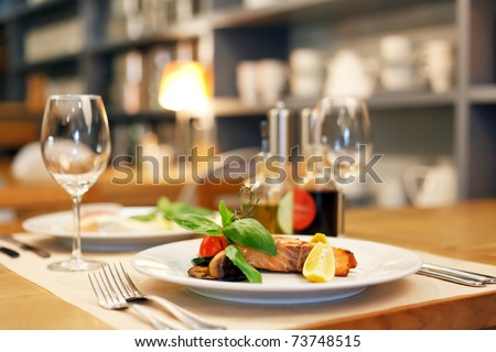 Similar – Image, Stock Photo Salmon steak and wine from above