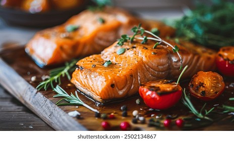 Salmon steak beautifully plated with garnishes and a side of vegetables, professional food photography, taken from an angle view showcasing the dish’s details. - Powered by Shutterstock