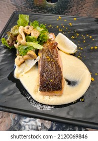 Salmon Steak With Cauliflower Purée, Light Pickled Mushroom Salad And Tangy Chimichurri