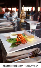 Salmon Steak Cooked In Asian Style On Restaurant Table