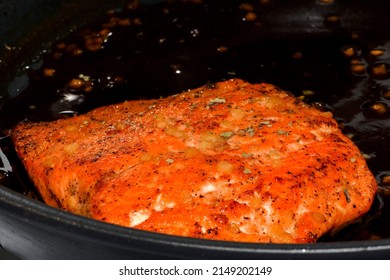 Salmon Steak In A Skillet. Close Up Shot.