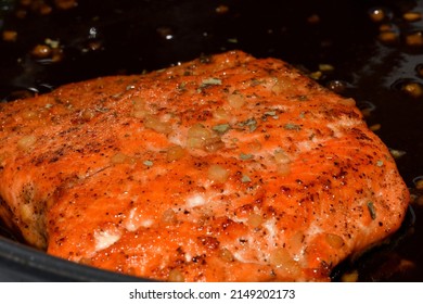 Salmon Steak In A Skillet. Close Up Shot.