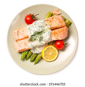 Salmon With Steamed Asparagus Isolated Top View