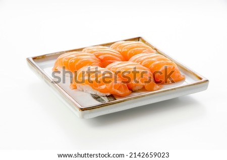 Salmon sushi nigiri on white background