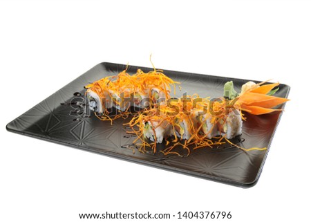 salmon sushi plate white background