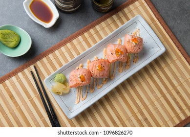 Salmon Sushi Roll Flat Lay