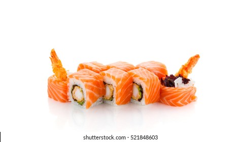 Salmon Sushi Roll With Shrimp Isolated On White Background