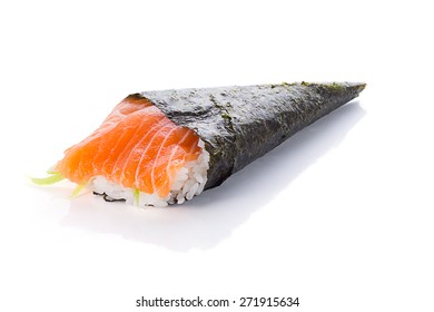 Salmon sushi temaki isolated on white background