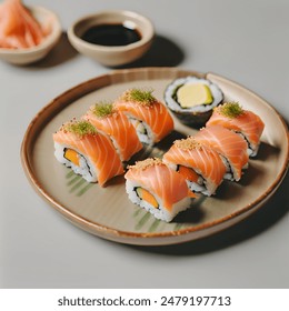 Salmon sushi that looks absolutely delicious Each bite of salmon sushi is beautifully arranged on a ceramic plate. - Powered by Shutterstock