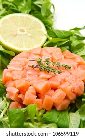 Salmon Tartar With Fresh Salad And Lemon Slice