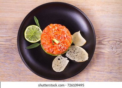 Salmon Tartare Avocado Mango View Above Stock Photo