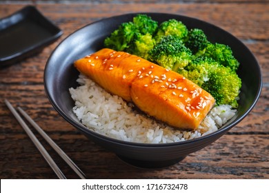 Salmon Teriyaki With Rice And Vegetable In Bowl