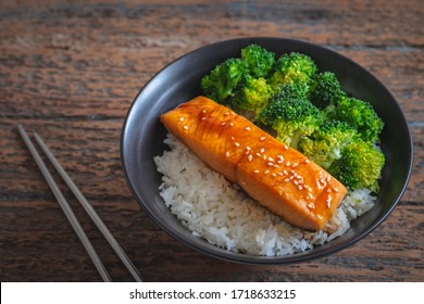 Salmon Teriyaki With Rice And Vegetable In Bowl