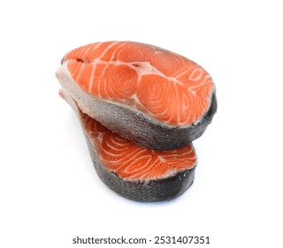 salmon, trout, steak, slice of fresh raw fish, isolated on white background, clipping path, full depth of field