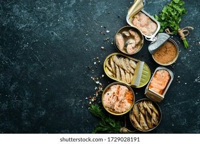 Salmon, Tuna, Mackerel And Sprats - Canned Fish In Tin Cans. Top View. Free Space For Your Text.