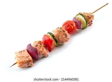 Salmon Vegetable Skewer Isolated On White Background