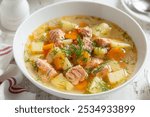 salmon and vegetable soup in white bowl