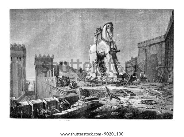 Salon of 1874,\
Painting. - The Trojan Horse, by Motte, vintage engraved\
illustration. Magasin Pittoresque\
1875.
