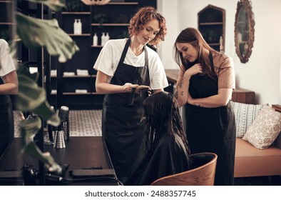 Salon, haircut and teamwork with girl, customer and hair for grooming or wellness. Beauty, client and scissors with creative style, beautician at work with employee for startup haircare service - Powered by Shutterstock