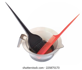 Salon Mixing Bowl, Application Brush And Sectioning Comb For Hair Dye Or Colored Highlights. Isolated On White