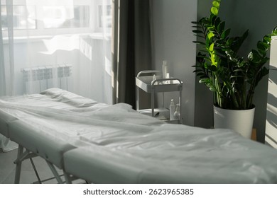 The salon table is neatly arranged with an array of beauty products including sprays, applicators, and tools used for skincare and makeup, all illuminated by natural light