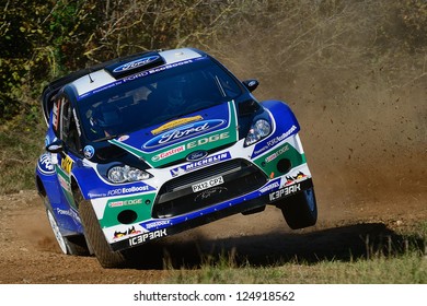 SALOU, SPAIN - NOV 8 : Fiinnish Driver Jari-Matti Latvala And His Codriver Miikka Anttila In A Ford Fiesta RS WRC Race In Rally Of Spain, On Nov 8, 2012 In Salou, Spain