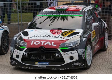 Salou, Spain - October 25, 2015: WRC Car Of The Team Citroen DS3 WRC Abu Dhabi With Driver Kris Meeke And His Co-driver Paul Nagle. Stage From The 51th Rally RACC Catalunya.