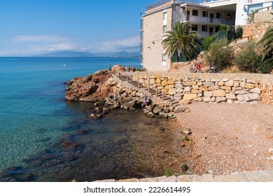 SALOU, SPAIN-OCTOBER 4TH 2022: Coast And Beach View With Clear Sea From The Cami De Ronda Walk Salou Costa Dorada Catalonia Spain On Tuesday 4th October 2022