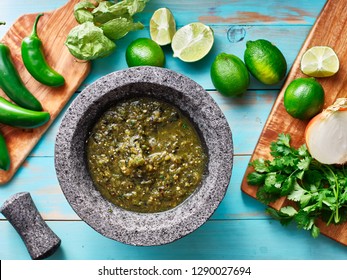 Salsa Verde In Stone Molcajete Flat Lay Composition