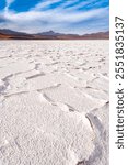 Salt crust in the shore of lagoon and salt lake Tuyajto, Altiplano (High Andean Plateau), Los Flamencos National Reserve, Atacama desert, Antofagasta Region, Chile, South America